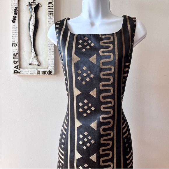 Ashro Black and Gold Ethnic African Print Sleeveless Sheath Dress Size 8 - Picture 2 of 11